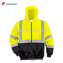 High Visibility Lemon and Black Color Full Zipped Hoodie Sweatshirt with 3M Reflective Strips Night Work